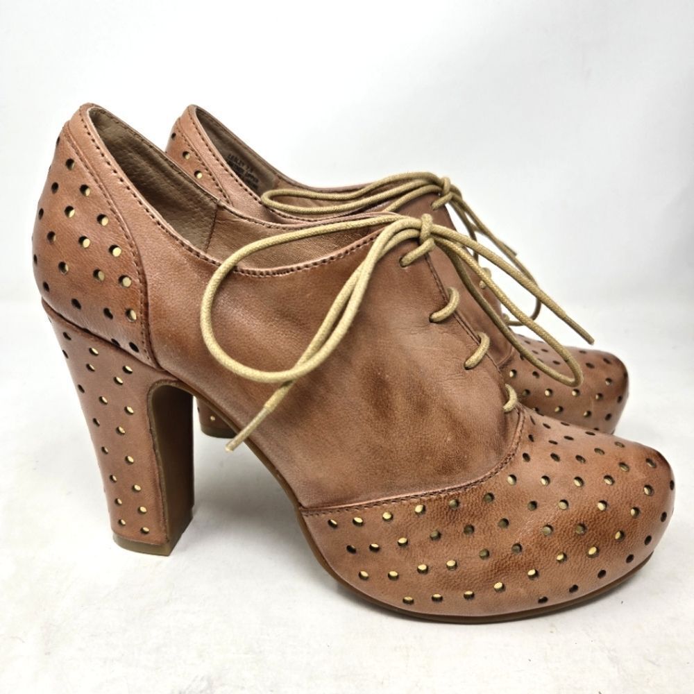 MIZ MOOZ Lesley Oiled Tan Perforated‎ Leather Lace-Up Heeled Shoes Size 7.5